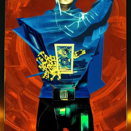 Image similar to portrait of the hacker cyberpunk magician in a dramatic jojo pose tarot card, golden blue outfit, oil on canvas by dave mckean and ryuichi sakamoto