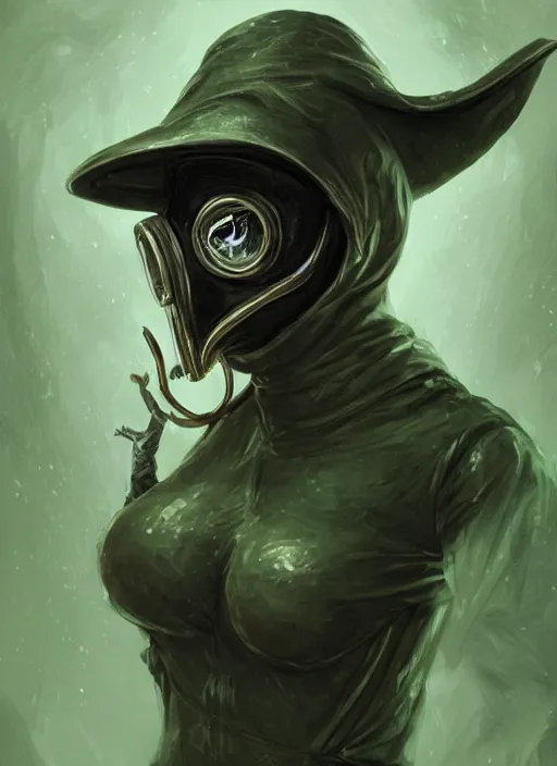 Image similar to a highly detailed illustration of plague doctor mask wearing woman, wearing latex revealing outfit, surrounded by green mist background, intricate, elegant, highly detailed, centered, digital painting, artstation, concept art, smooth, sharp focus, league of legends concept art, WLOP