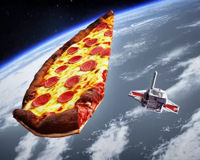 Image similar to a slice of pizza in orbit over a single planet space super star destroyer ship starwars 3 d render starwars clonewars 4 k atmospheric cinematic shot octane render high definition
