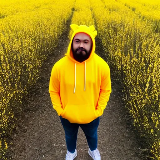 Image similar to an extreme wide shot of a man standing in a yellow field wearing a neon salmon hoodie