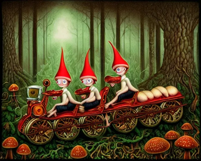 Prompt: detailed mushroom elves riding train in a dark mysterious forest by mark ryden