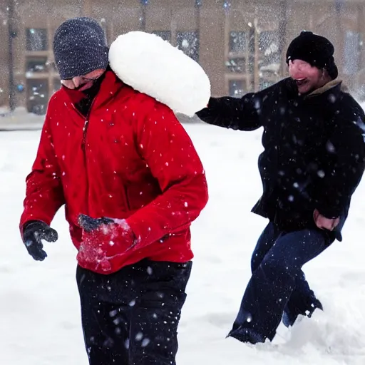 Prompt: a snowball falling on a man's head. the snowball is shattering into pieces.