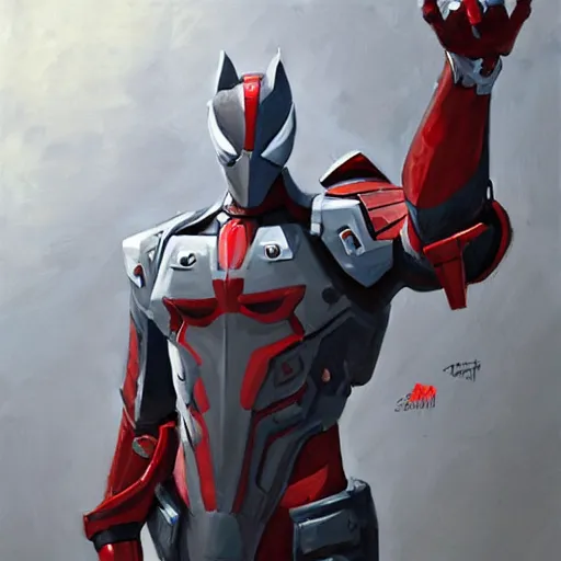 Image similar to greg manchess portrait painting of armored spiderman ultraman grey fox from metal gear cyborg gay japanese - american hybrid as overwatch character, medium shot, asymmetrical, profile picture, organic painting, sunny day, matte painting, bold shapes, hard edges, street art, trending on artstation, by huang guangjian and ail elvgren and sachin teng