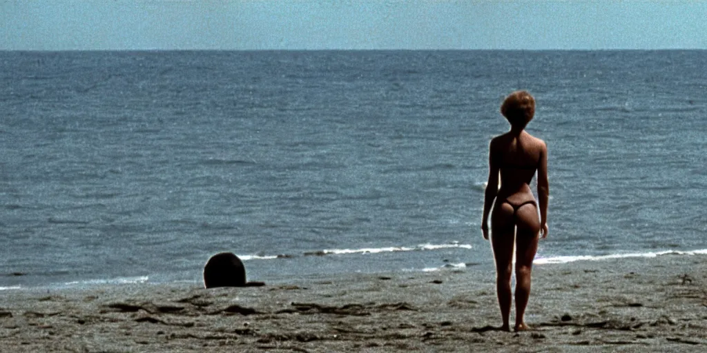 Image similar to color film still, view from behind, a woman in black bikini standing on the beach ; alien 2 ( 1 9 8 6 )