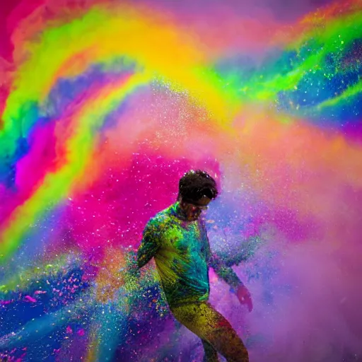 Prompt: a man dissolving in colorful powder explosion.