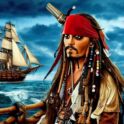 Image similar to jack sparrow drinks rum from bottle at his pirate ship, focus, 3 d illustration, sharp, intricate, poster, bottle of rum, pirate ship at background, photo, detailed photo, scene from pirates of caribbean