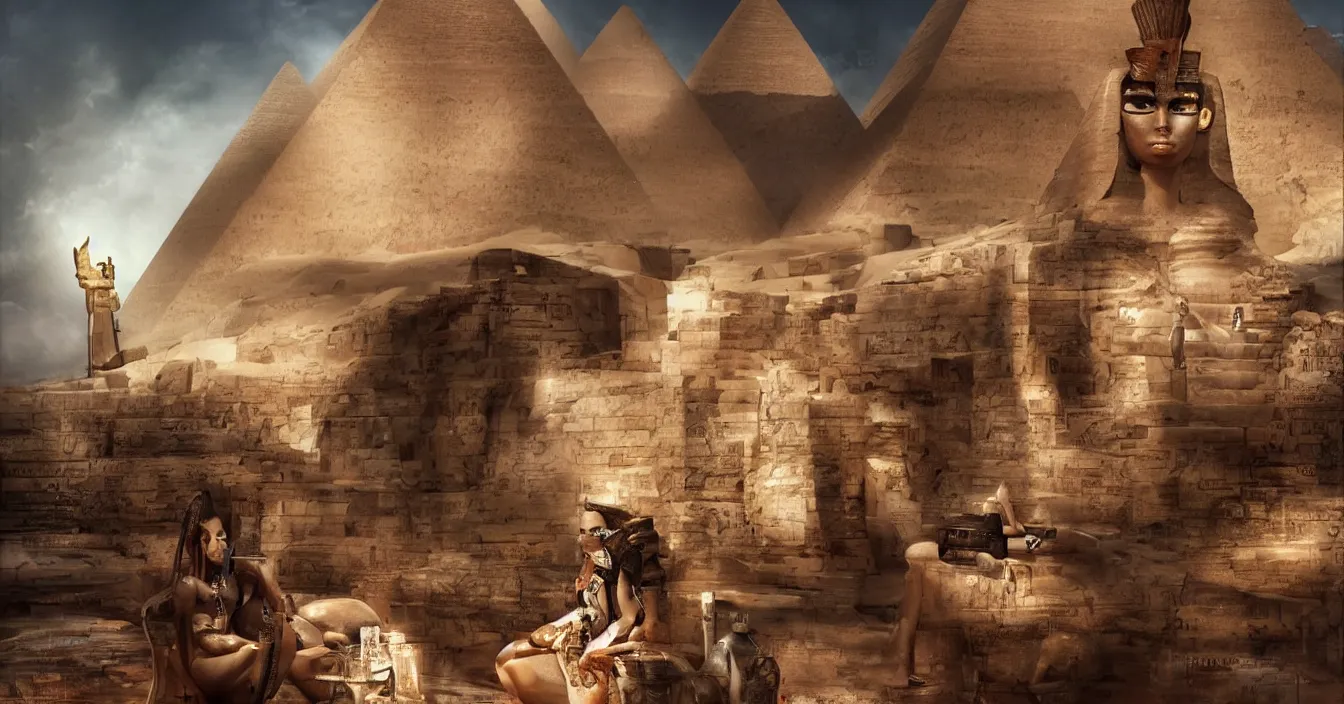 Prompt: egyptian sphinx dinner hamburger at macdonald's, photorealism, lots of detail, super sharp images, visual plasticity, shading in vray, raytracing, style of bastien lecouffe deharme