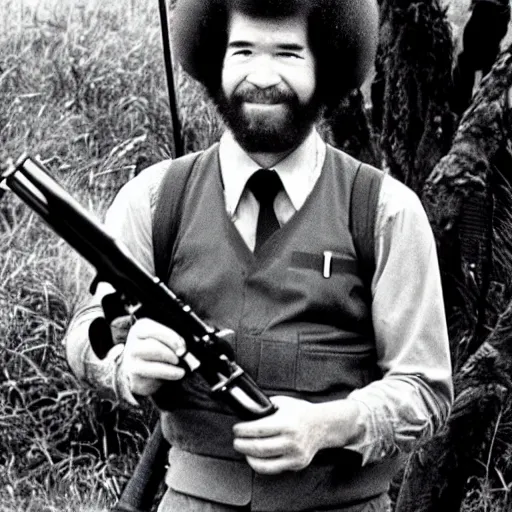 Prompt: bob ross holding a china - lake grenade launcher in the vietnam war