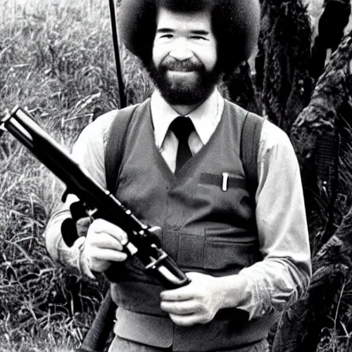 Image similar to bob ross holding a china - lake grenade launcher in the vietnam war