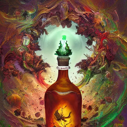 Image similar to Hell and heaven, captured in bottles, a heart full of envy, The Autumn Plague Gardener, Some cosmic angels, digital painting, its softness partakes of fluidity, illustration, deep dark, artstation, intricate, biodiversity in a world of change and constancy, ue5, by deiv calviz and bossmonsterbani