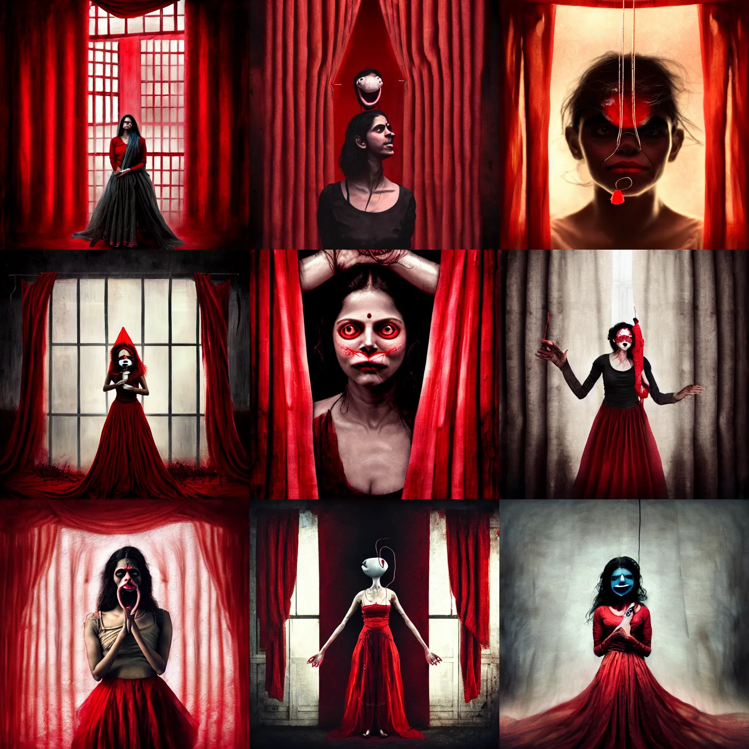 Prompt: Malavika Mohanan with, sewn mouth shut, as strings puppet behind red curtains by Brooke Shaden, medium shot, intricate, dystopian, sci-fi, extremely detailed, digital painting, artstation, concept art, smooth, sharp focus, illustration, intimidating lighting, incredible art, details visible, very dark ambiance