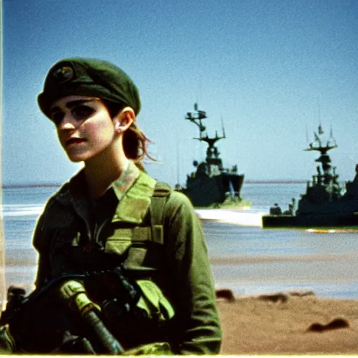 Image similar to film still, far view, landscape, emma watson soldier portrait close up in foreground, vietnam patrol boat, kodak ektachrome, blue tint expired film,