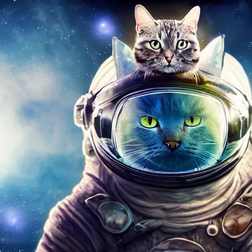 Image similar to fantasy cat with a helmet floating in space, high detail, fantasy art, concept art, 4 k, ultra detail, computer art