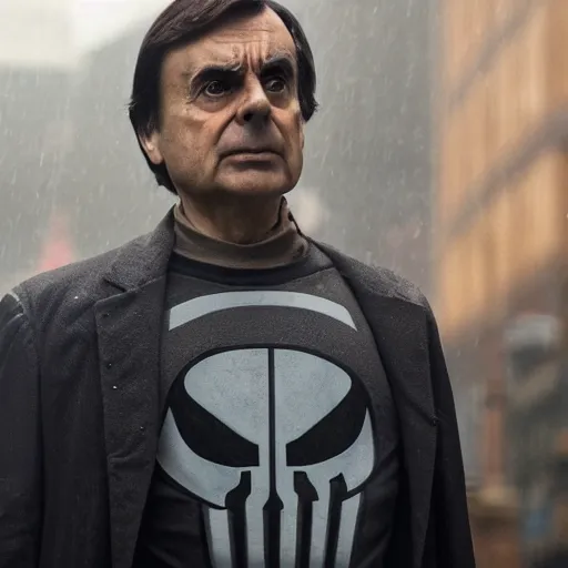 Image similar to carl sagan as the punisher, unmasked, movie still, cinematic, photorealistic, extreme detail, facial features, sharp focus, 8 k, rain, close up, anamorphic lens, lighting, dark