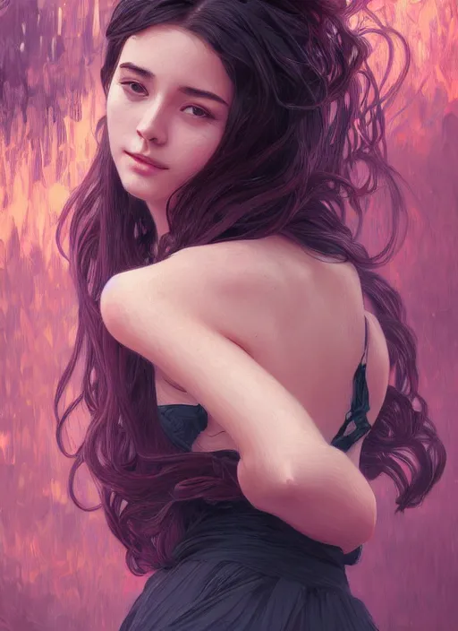 Image similar to handsome young women with shoulder length black hair, half body shot, path traced, highly detailed, high quality, digital painting, alena aenami, lilia alvarado, shinji aramaki, karol bak, alphonse mucha, tom bagshaw