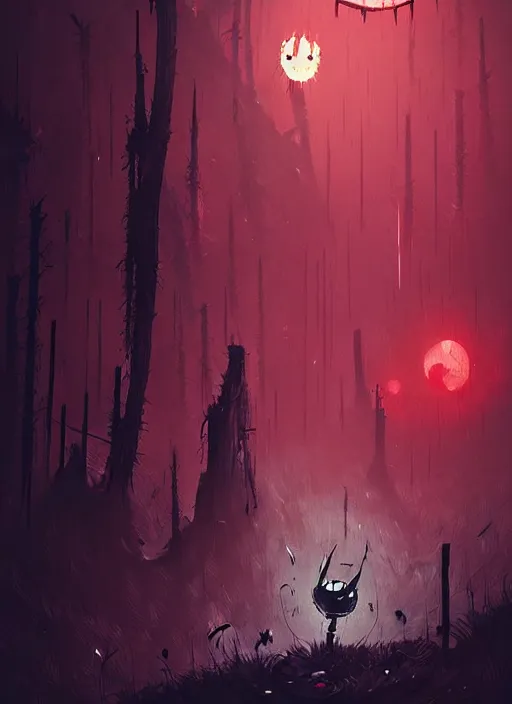 Image similar to horror art, hollow knight, red peaks in the background, art by ismail inceoglu