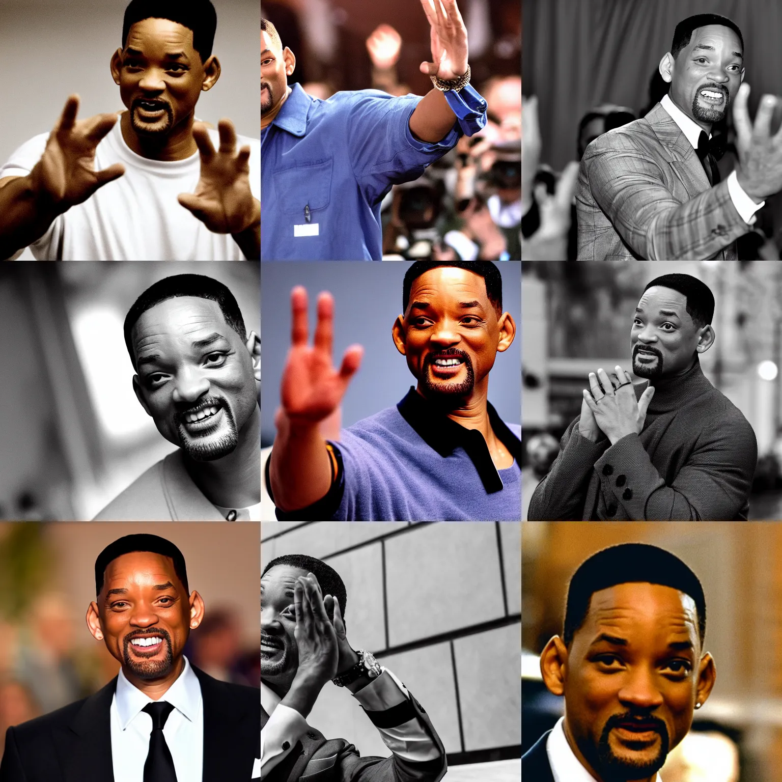 Prompt: will smith's hands reaching for the camera menacingly, photography, somber, blurry