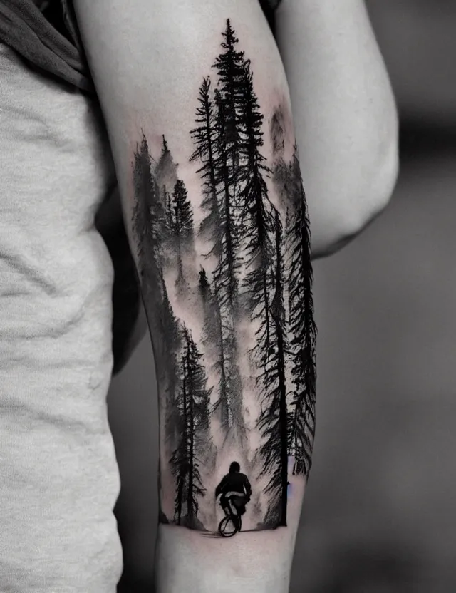Prompt: a double exposure tattoo of a person and the forest by brando chiesa, yeray perez and juan david rendon