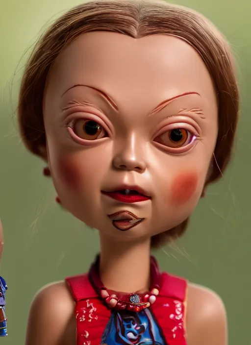 Image similar to closeup face profile portrait of tin toy greta thunberg as a vampire, bikini, depth of field, zeiss lens, detailed, symmetrical, centered, fashion photoshoot, by nicoletta ceccoli, mark ryden, lostfish, breathtaking, 8 k resolution, extremely detailed, beautiful, establishing shot, artistic, hyperrealistic, octane render