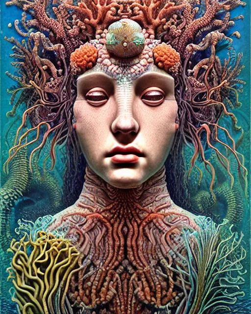 Image similar to realistic detailed underwater face portrait of the beautiful young goddess of the fish of the three lights with an intricate headdress of corals, sea kelp, sea plants, fish, jellyfish, art by ernst haeckel, h. r. giger, zdzisław beksinski, gustav klimt, gothic, neo - gothic, hyper - ornamental,