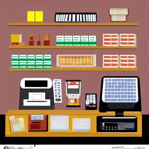 Prompt: cash register in front of a wall of electrical supplies and and food vector art