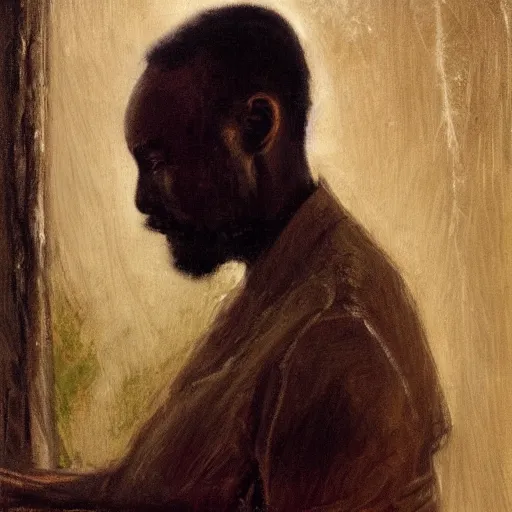 Image similar to a painting of a well fed, thinker, thoughtful, focused, visionary, calm, jovial, loving, daddy/fatherly, generous, clean shaven, elegant elder and his on from Kenya by Henry Ossawa Tanner . dramatic angle, ethereal lights, details, smooth, sharp focus, illustration, realistic, cinematic, artstation, award winning, rgb , unreal engine, octane render, cinematic light, macro, depth of field, blur, red light and clouds from the back, highly detailed epic cinematic concept art CG render made in Maya, Blender and Photoshop, octane render, excellent composition, dynamic dramatic cinematic lighting, aesthetic, very inspirational, arthouse.