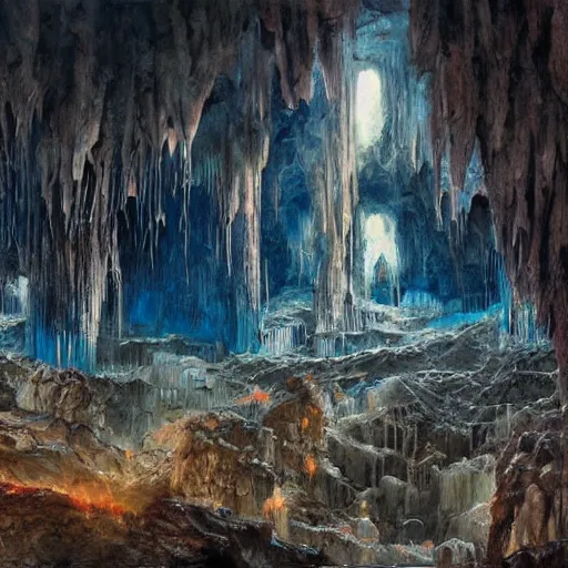 Prompt: panorama view of a complex crystal mine, stalagmites, stalactites, painting, by greg rutkowski