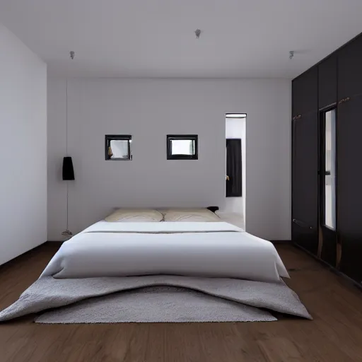 Prompt: Isometric 3D interior of a modern minimalist bedroom