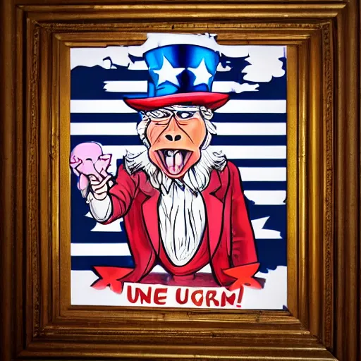 Image similar to uncle sam with a pig face wearing a gold crown