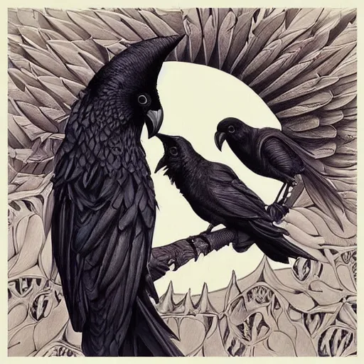 Image similar to a simple crow painting by Android Jones and M. C. Escher collaboration