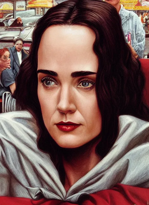 Image similar to portrait of jennifer connelly owner of diner, twin peaks poster art, from scene from twin peaks, by michael whelan, rossetti bouguereau, artgerm, retro, nostalgic, old fashioned