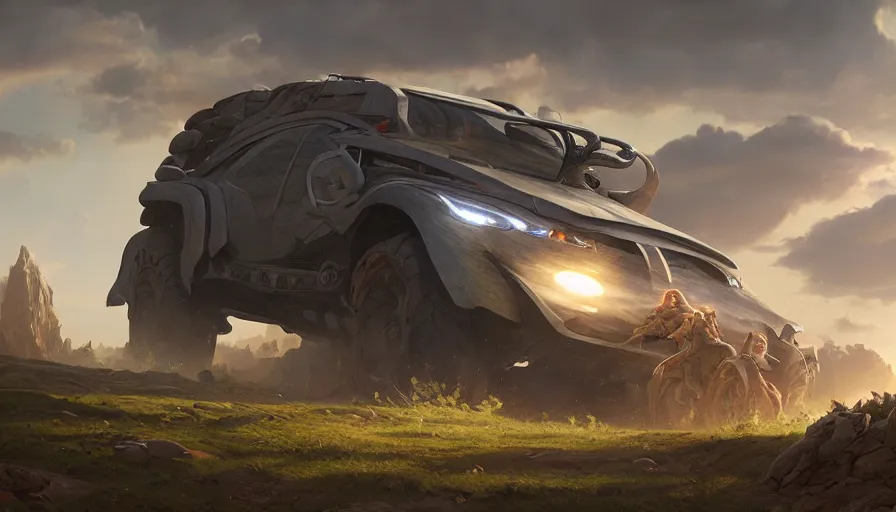 Image similar to a concept suv designed by apple driving through madagascar, artgerm and greg rutkowski and alphonse mucha, an epic fantasy, volumetric light, detailed, establishing shot, an epic fantasy, trending on art station, octane render, midsommar