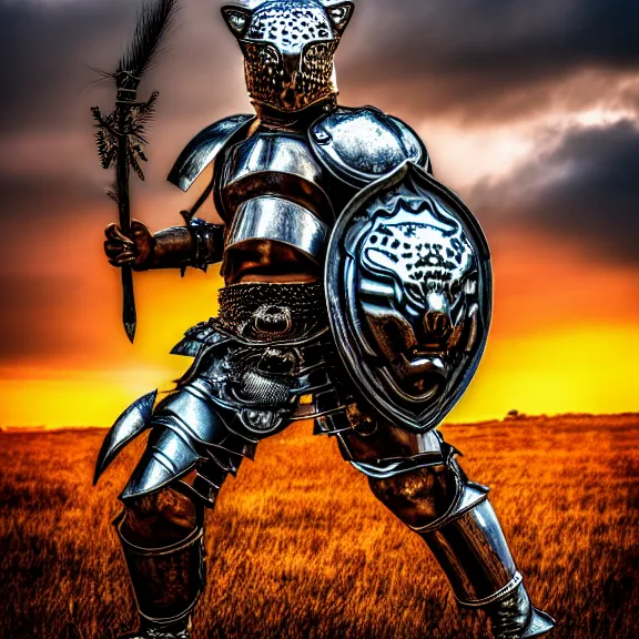 Image similar to photo of a warrior with metal jaguar theme armour, 4 k, hdr, smooth, sharp focus, high resolution, award - winning photo