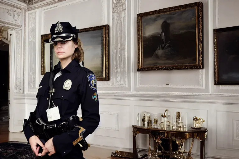 Prompt: cinematography closeup portrait of a woman cop in an decadent mansion foyer by Emmanuel Lubezki