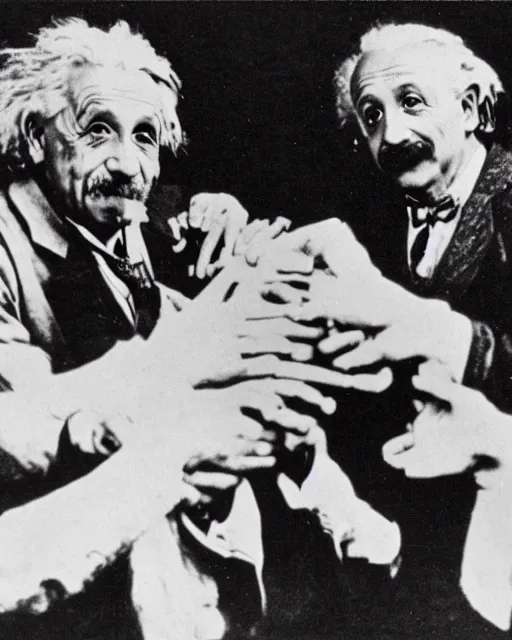 Image similar to an realistic photo of Albert Einstein holding a hand with 7 finders