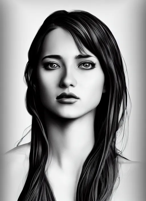 Image similar to full body portrait of a beautiful young woman in black and white, photorealistic, hair down to waist, sharp focus, in the style of Kevin Kostic, Stephen Lau and artgerm, hyper sharp focus, 8k highly detailed