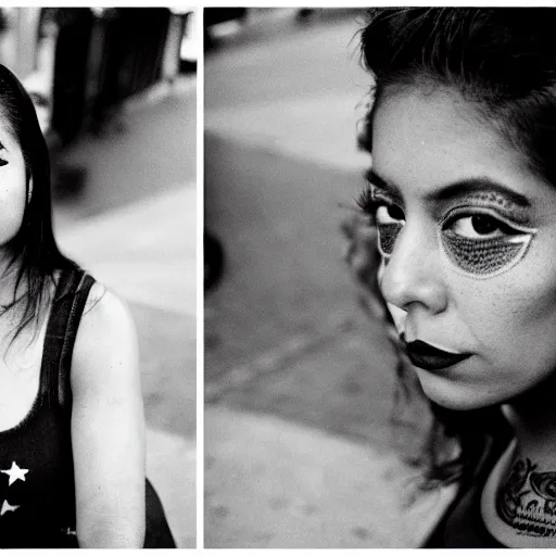 Image similar to beautiful young latino woman with gutterpunk pen ink face tattoos at golden hour, black & white, stars in background, cinematic diane arbus, leica s, 5 0 mm, fuji 8 0 0, grainy, low light