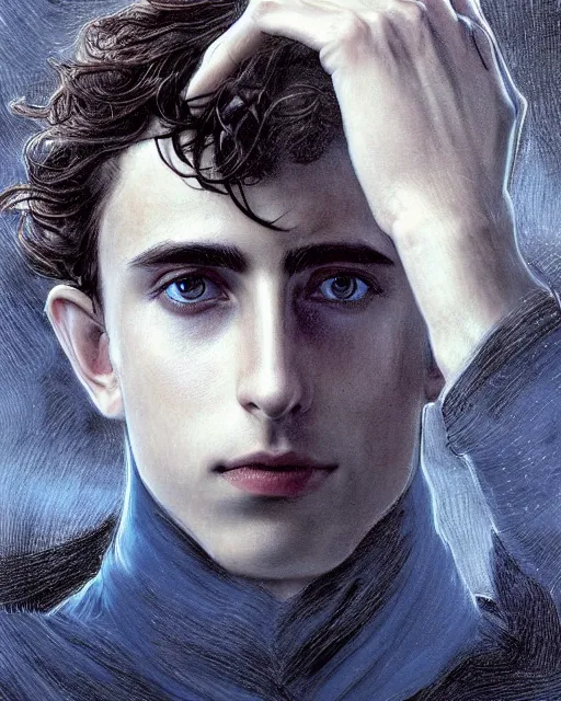 Image similar to beautiful paul atreides timothee chalamet with a three day beard, emperor of the known universe, completely blue eyes, perfect dramatic and dark portrait insanely detailed, concept art, deep focus, intricate, highly detailed, digital painting, artstation, matte, sharp focus, illustration, art by greg rutkowski and alphonse mucha, low angle, dominant eye