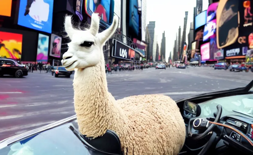 Prompt: a old photo of llama sitting in a car, looking out of the window and his hair is flying in the wind, riding through times square 8 k