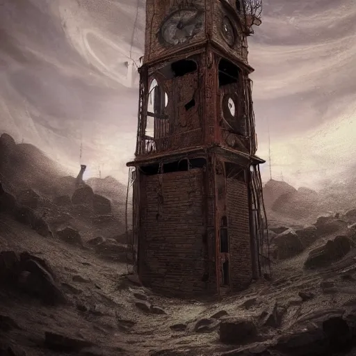 Image similar to an abandoned old rusty clocktower in a dark enormous cave dream photography, painting, perfectly balanced light, digital art, unreal engine, trending on artstation,