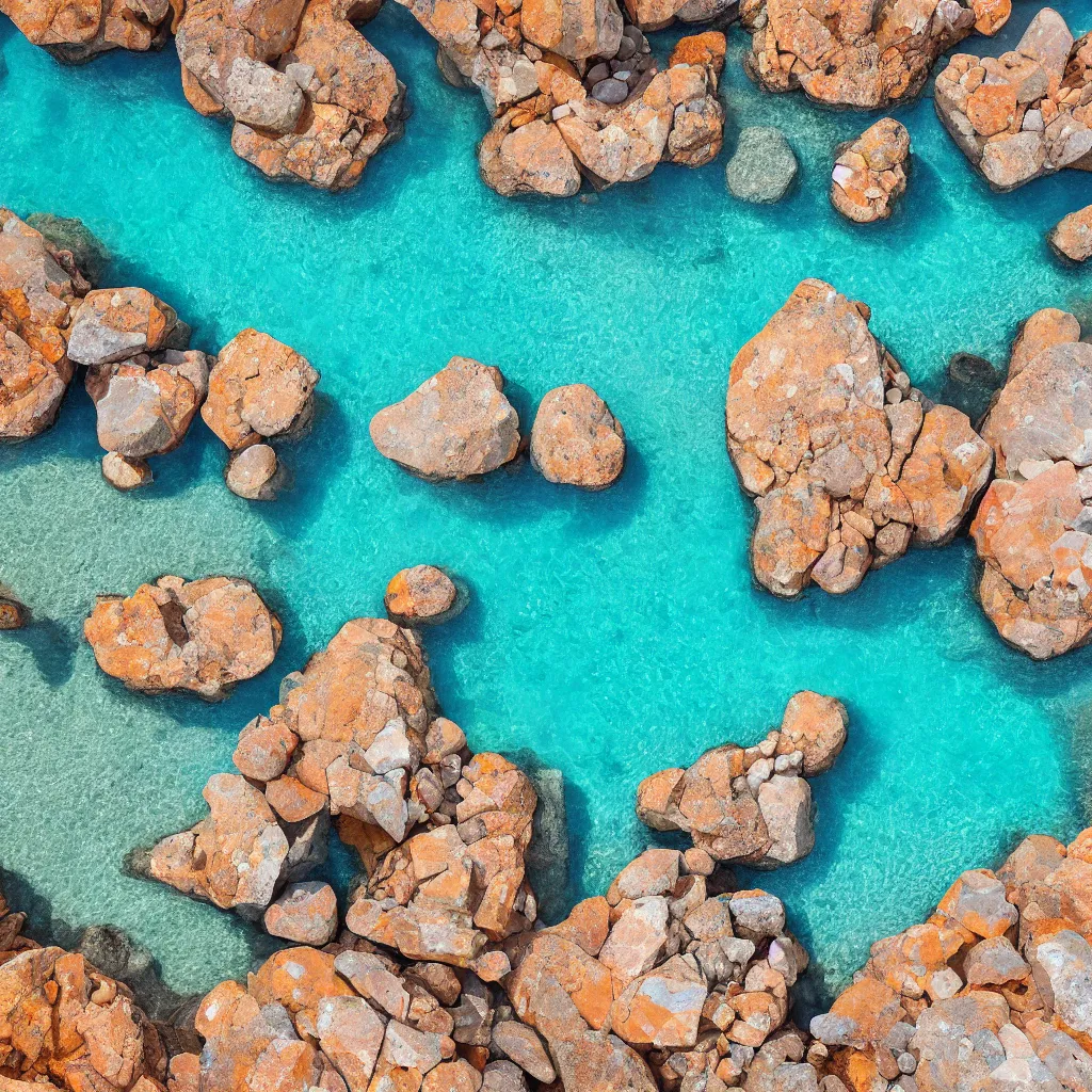 Prompt: opal faceted boulders, orange sand desert with pools of bright milky blue water, construction equipment, birds eye view