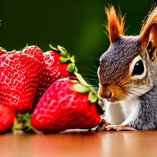 Image similar to fashion photography close - up photograph of a cute squirrel eating strawberries, studio lighting