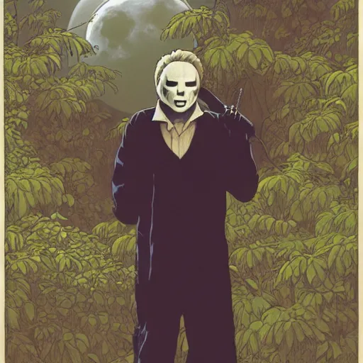 Image similar to michael myers in outside the myers house, halloween night, finely illustrated pale mask, moon light, shrubs, highly detailed, colored pencil, gainax, tankobon, in the style of ilya kuvshinov and yoshiyuki sadamoto and william - adolphe bouguereau and alphonse mucha