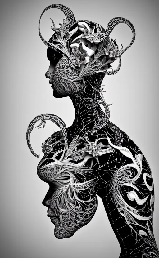 Prompt: a black and white 3D render of a beautiful profile face portrait of a female dragon-orchid-cyborg, 150 mm, flowers, Mandelbrot fractal, anatomical, flesh, facial muscles, wires, microchip, veins, arteries, full frame, microscopic, elegant, highly detailed, flesh ornate, elegant, high fashion, rim light, octane render in the style of H.R. Giger and Man Ray