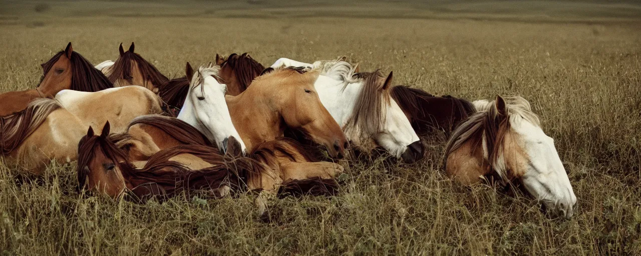 Prompt: wild horses sleeping on top of spaghetti, in a field, in the style of national geographic, canon 5 0 mm, film, kodachrome, retro, muted