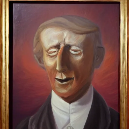 Prompt: an orange fruit attached to the headless living body of a president, presidential painting, framed -n 4
