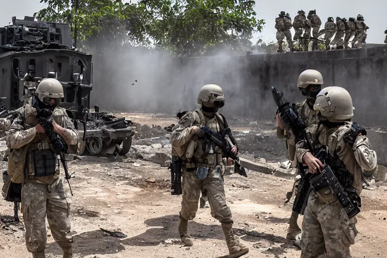 Image similar to Mercenary Special Forces soldiers in grey uniforms with black armored vest and black helmets behind an MRAP in urban warfare in Cambodia as artillery explodes 2022, Canon EOS R3, f/1.4, ISO 200, 1/160s, 8K, RAW, unedited, symmetrical balance, in-frame, combat photography