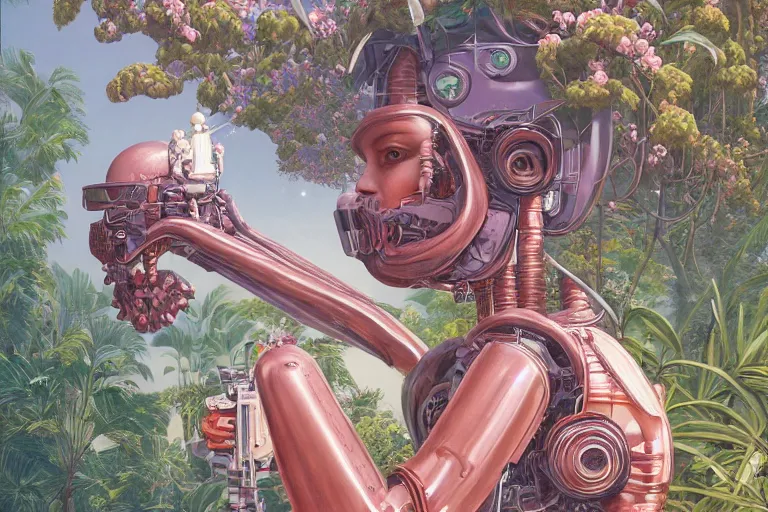 Image similar to evangelionic illustration, gigantic girl head, a lot of exotic vegetation, trees, tremendous pleasure robot, flowers, oldschool vintage sci - fi flat surreal design, super - detailed, oil painting by moebius, hd, 4 k, high quality