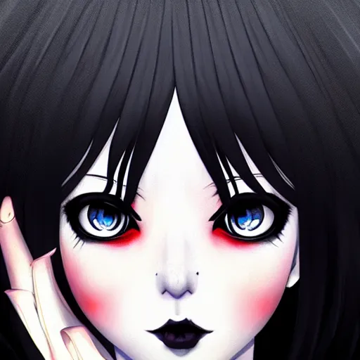 Prompt: portrait of an anime goth clowngirl, painted by ilya kuvshinov