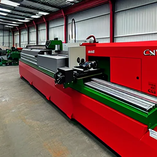 Image similar to cnc lathe from haas stands in a green field, the sky is bright red with clouds